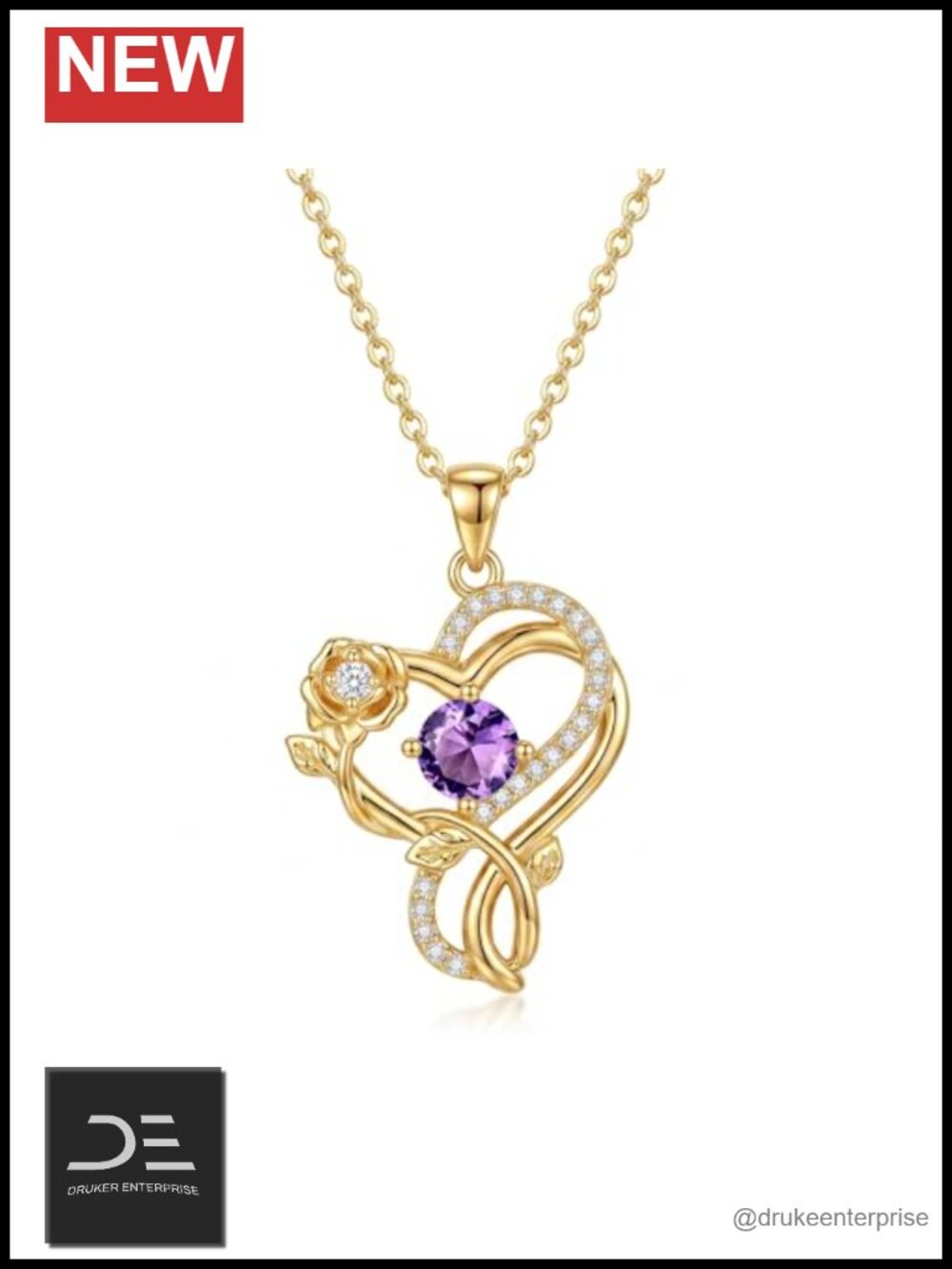 14K Gold Plated Birthstone Necklace Heart Pendant for Women Gift Amethyst